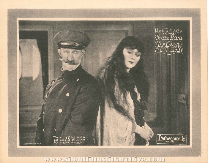 Lobby card for MADAME MYSTERY (1926) with James Finlayson and Theda Bara