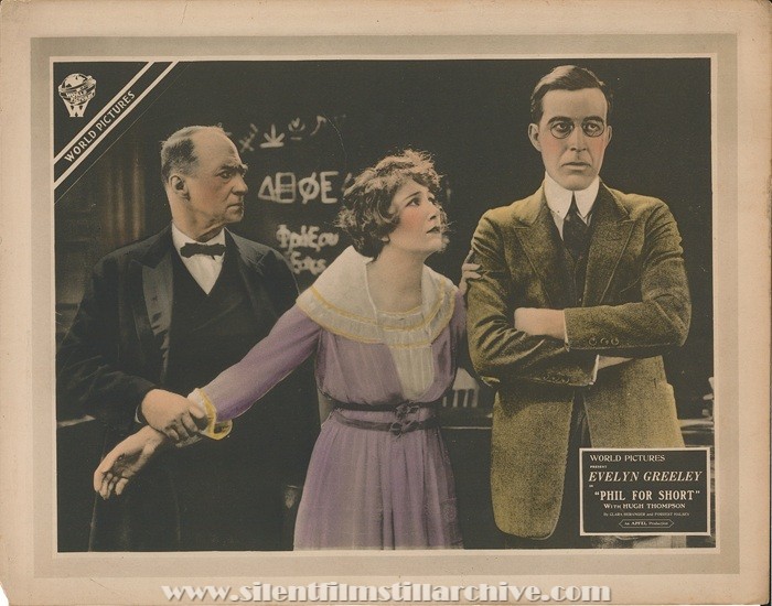 Lobby card with Jack Drumier, Evelyn Greeley, and Hugh Thompson in PHIL FOR SHORT (1919)