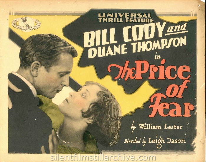Lobby card of Bill Cody and Duane Thompson in THE PRICE OF FEAR (1928)