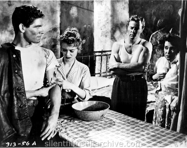 Tony Wright, Anna Gaylor, Stephen Boyd and Kathleen Harrison in SEVEN THUNDERS (1957) AKA The Beasts of Marseilles