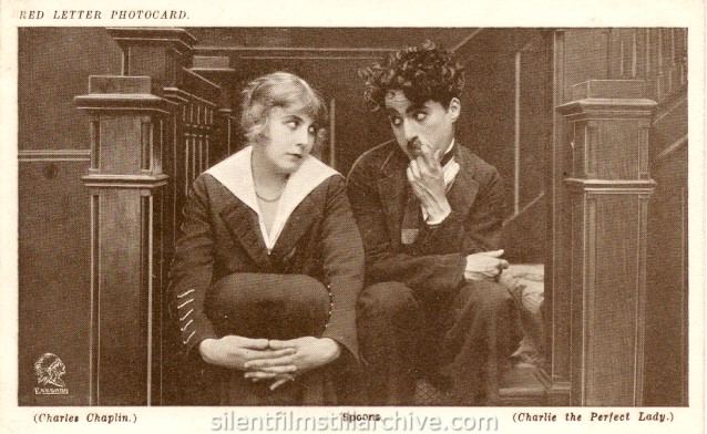 Edna Purviance and Charlie Chaplin in A WOMAN (1915) Red Letter Photocard