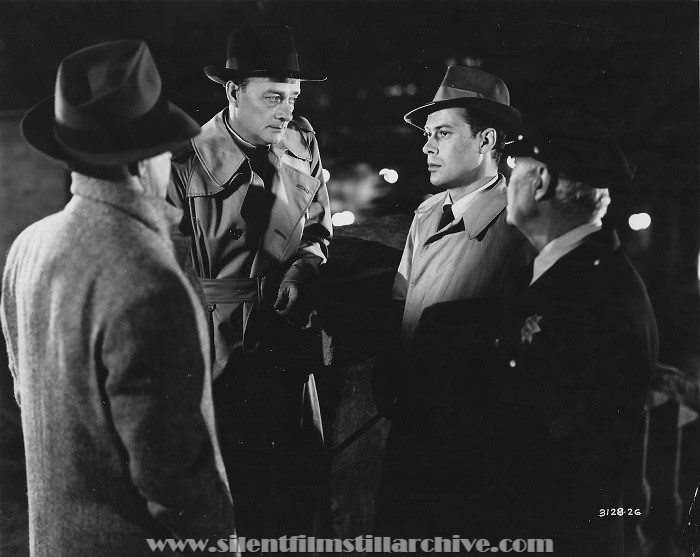 Frank Kenks, Robert Keith, and Ross Elliott in WOMAN ON THE RUN (1950). 